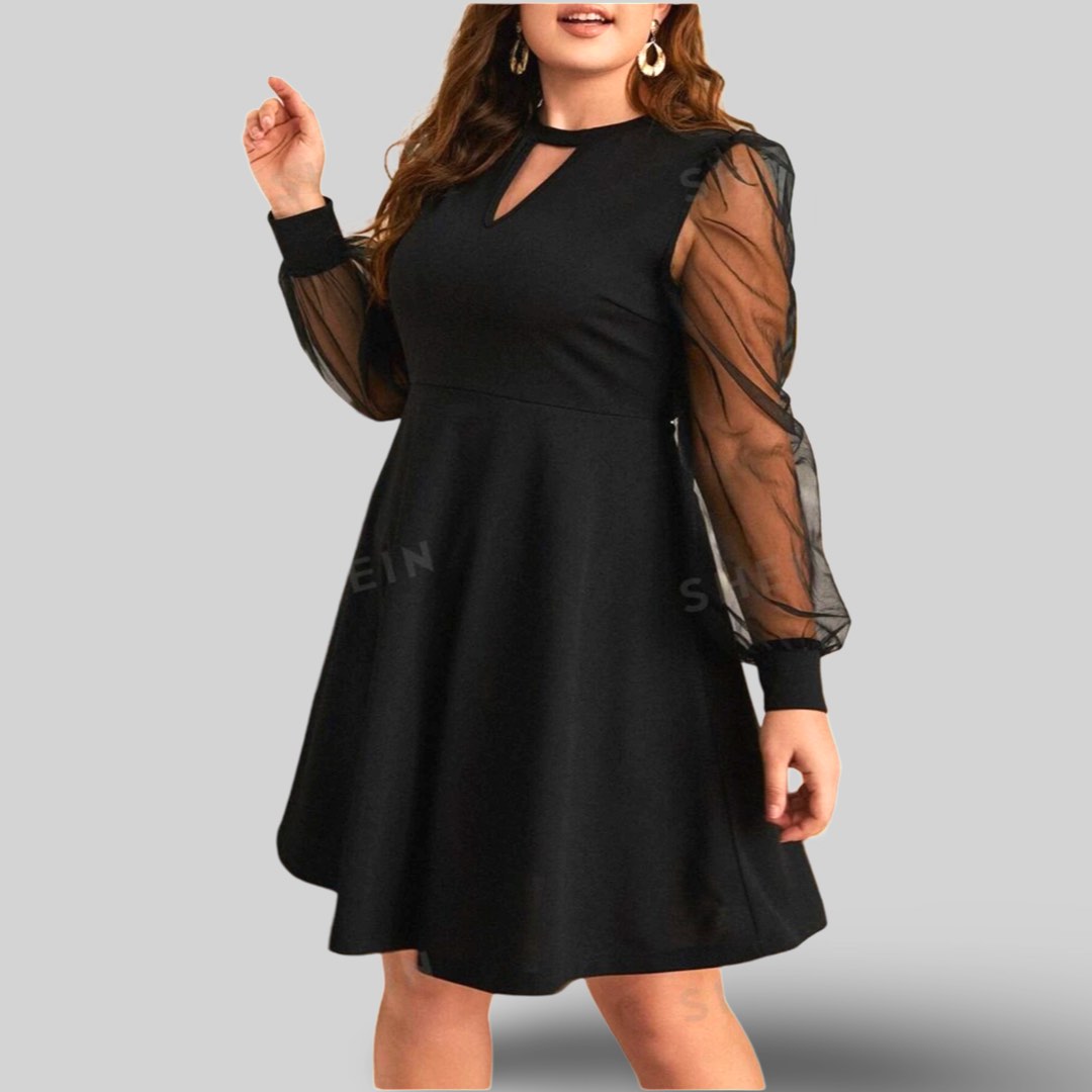 SHEIN CURVE Black Sheer long sleeves lantern dress, Women's