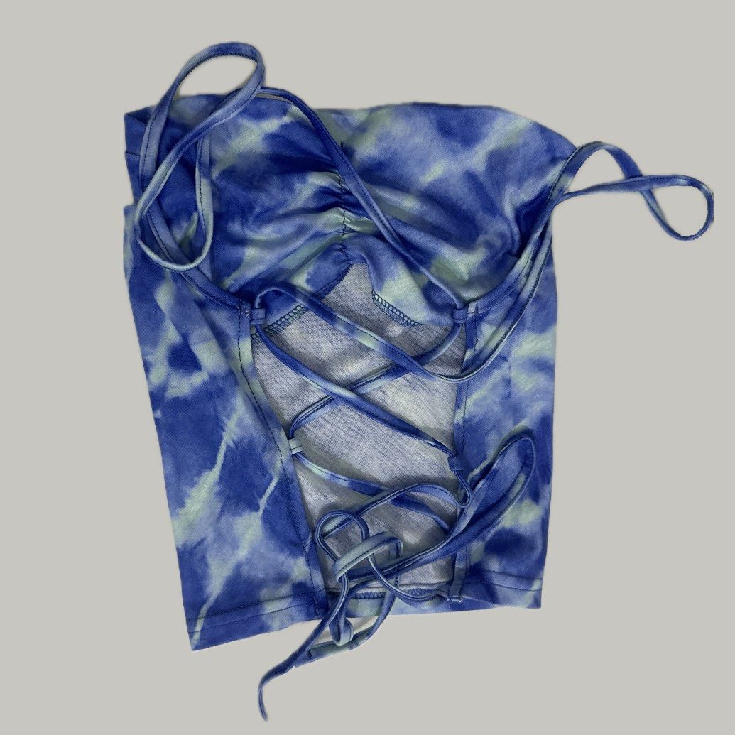 tie dye criss cross cami top [blue] (Category: Sleeveless) located in Manila. Submitted by achiluv (Listing ID 1313357634, Image 3). Description: 🦋 tie dye criss cross cami top [blue] — never been worn — small — rfs: decluttering, not my style — dop: payo — mop: gcash, bpi — mod: ggx, jnt, ssd — loc: tondo, mnl # sleeveless top summer tie.