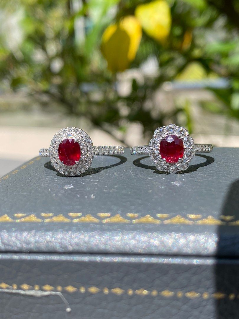 1 Carat Pigeon Blood Ruby ring set in 18k W Gold with Diamonds
