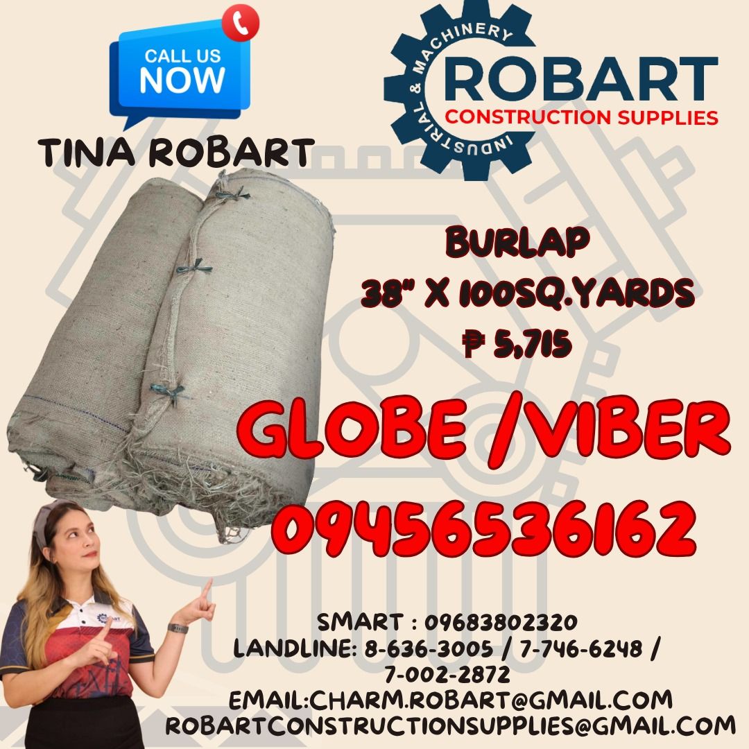 Burlap 38" x 100sq yards (Category: Construction & Building Materials) located in Manila. Submitted by tina.sales (Listing ID 1317626377, Image 1). Description: Burlap 38" x 100sq yards 𝑹𝑶𝑩𝑨𝑹𝑻 𝑪𝑶𝑵𝑺𝑻𝑹𝑼𝑪𝑻𝑰𝑶𝑵 𝑺𝑼𝑷𝑷𝑳𝑰𝑬𝑺 𝑶𝒇𝒇𝒊𝒄𝒆 𝑨𝒅𝒅𝒓𝒆𝒔𝒔: 𝟏𝟒𝟎𝟓 𝒀𝒖𝒔𝒆𝒄𝒐 𝑺𝒕. 𝑺𝒕𝒂 𝑪𝒓𝒖𝒛 𝑴𝒂𝒏𝒊𝒍𝒂 𝑺𝑬𝑵𝑫 𝑼𝑺 𝑴𝑬𝑺𝑺𝑨𝑮𝑬 𝑭𝑶𝑹 𝑰𝑵𝑸𝑼𝑰𝑹𝑰𝑬𝑺 ‼️ ‼️ 𝑮𝒍𝒃𝒆 - (𝟢𝟫𝟒𝟓-𝟔𝟓𝟑-𝟔𝟏𝟔𝟐) 𝑻.𝑴. - (𝟢𝟫𝟔𝟖-𝟑𝟖�