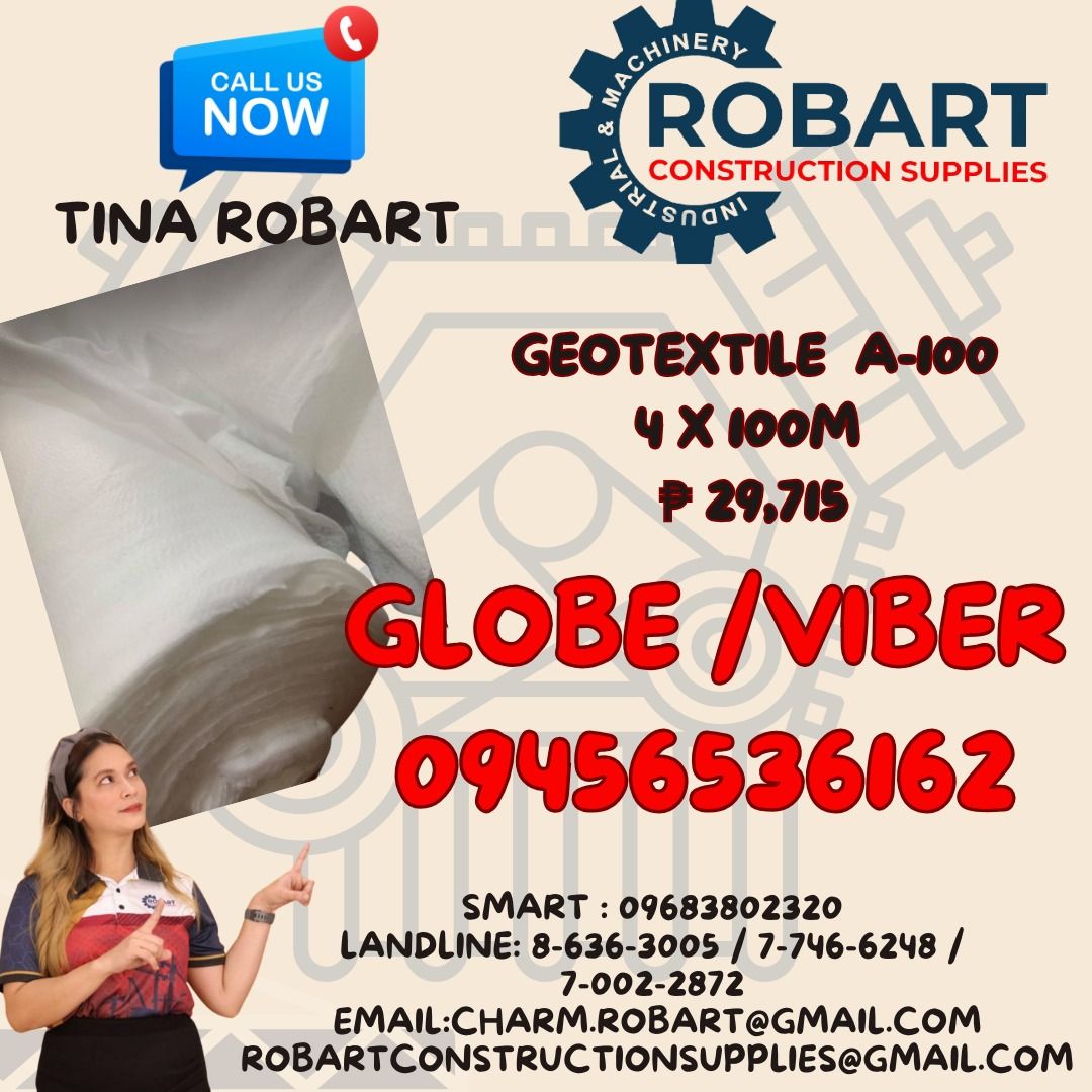 Geotextile A-100 4x 100M (Category: Construction & Building Materials) located in Manila. Submitted by tina.sales (Listing ID 1317627696, Image 1). Description: Geotextile A-100 4x 100M 𝑹𝑶𝑩𝑨𝑹𝑻 𝑪𝑶𝑵𝑺𝑻𝑹𝑼𝑪𝑻𝑰𝑶𝑵 𝑺𝑼𝑷𝑷𝑳𝑰𝑬𝑺 𝑶𝒇𝒇𝒊𝒄𝒆 𝑨𝒅𝒅𝒓𝒆𝒔𝒔: 𝟏𝟒𝟎𝟓 𝒀𝒖𝒔𝒆𝒄𝒐 𝑺𝒕. 𝑺𝒕𝒂 𝑪𝒓𝒖𝒛 𝑴𝒂𝒏𝒊𝒍𝒂 𝑺𝑬𝑵𝑫 𝑼𝑺 𝑴𝑬𝑺𝑺𝑨𝑮𝑬 𝑭𝑶𝑹 𝑰𝑵𝑸𝑼𝑰𝑹𝑰𝑬𝑺 ‼️ ‼️ 𝑮𝒍𝒃𝒆 - (𝟢𝟫𝟒𝟓-𝟔𝟓𝟑-𝟔𝟏𝟔𝟐) 𝑻.𝑴. - (𝟢𝟫𝟔𝟖-𝟑𝟖�