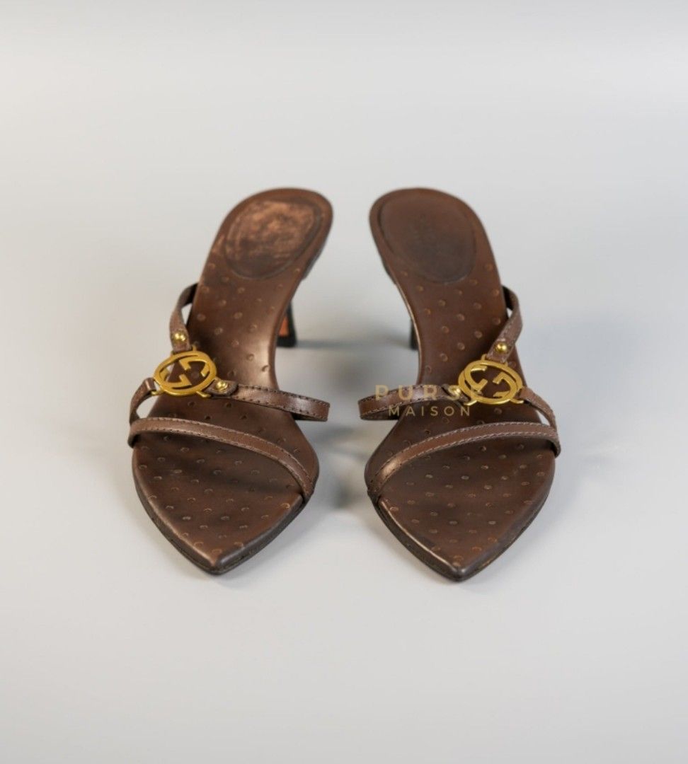 Gucci GG Interlocking Strap Brown Heels Sandals Size 38 27cm