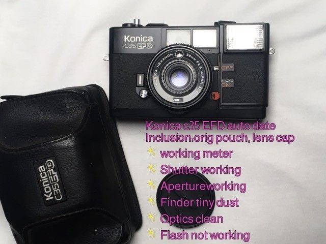 Vintage Konica c35efd film camera (Category: Cameras) located in Las Pinas. Submitted by film101 (Listing ID 1317565641, Image 1). Description: New arrival Konica c35 EFD film camera With orig pouch and konica lens cap Best for outdoor Condition of camera Working meter Working shutter Working aperture Working snaps Clean optics Vfinder tiny dust Auto date not longer working Flash not Working,, Repairable.