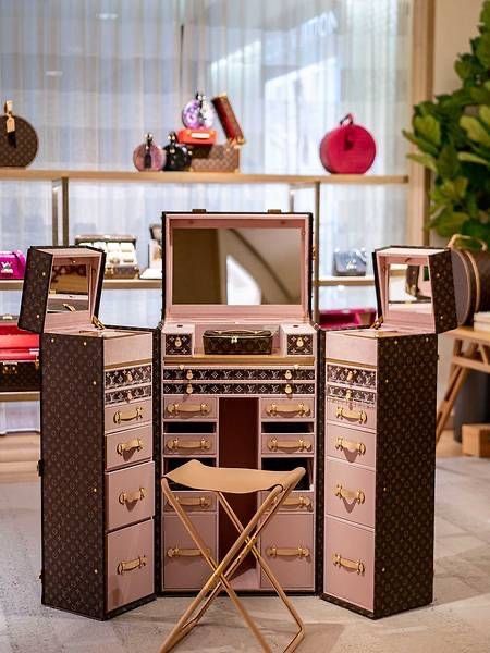 Louis Vuitton LV Vanity Trunk Malle Coiffeuse (Preorder) (Category: Shelves, Cabinets & Racks) located in Manila. Submitted by designerarchives.ph (Listing ID 1317688511, Image 3). Description: 60 days estimate arrival (by sea) ₱150k dp to order 58 x 101 x 69 cm Depth x Height x Width - monogram canvas - natural cowhide leather handles - comes with foldable stool As seen on photos! Perfect luxury vanity table for your makeup ✨.