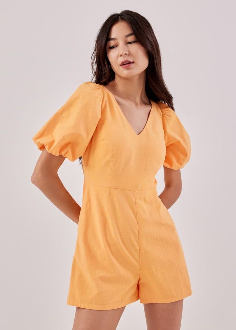 Love Bonito Taye Puff Sleeve Tie Back Romper in Butternut Mini