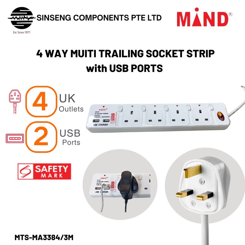 MIND MA3384 3M 4 Way Multi Trailing Socket Strip Adapter Extension ...