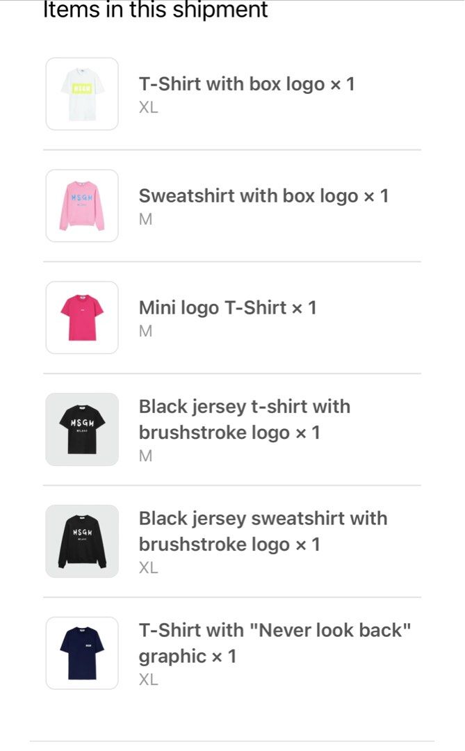 MSGM （分類：T-shirt、恤衫、有領衫）位於 Hong Kong。 由 tomtom.com 提交（商品編號 1317653291，圖片 5）。簡介： 全部XL 碼 ，全新意大利Milan MSGM 品牌（全新無拆袋） 1) T-shirt with box logo (白底螢光黃logo)$800 2)black jersey sweatshirt with brushstroke logo (黑底白字） $980 3) T-shirt with “Never look back” graphic(深藍） $780 正版正貨 西鐵站沿線可面交/順豐到付 Special price (特價商品） 。