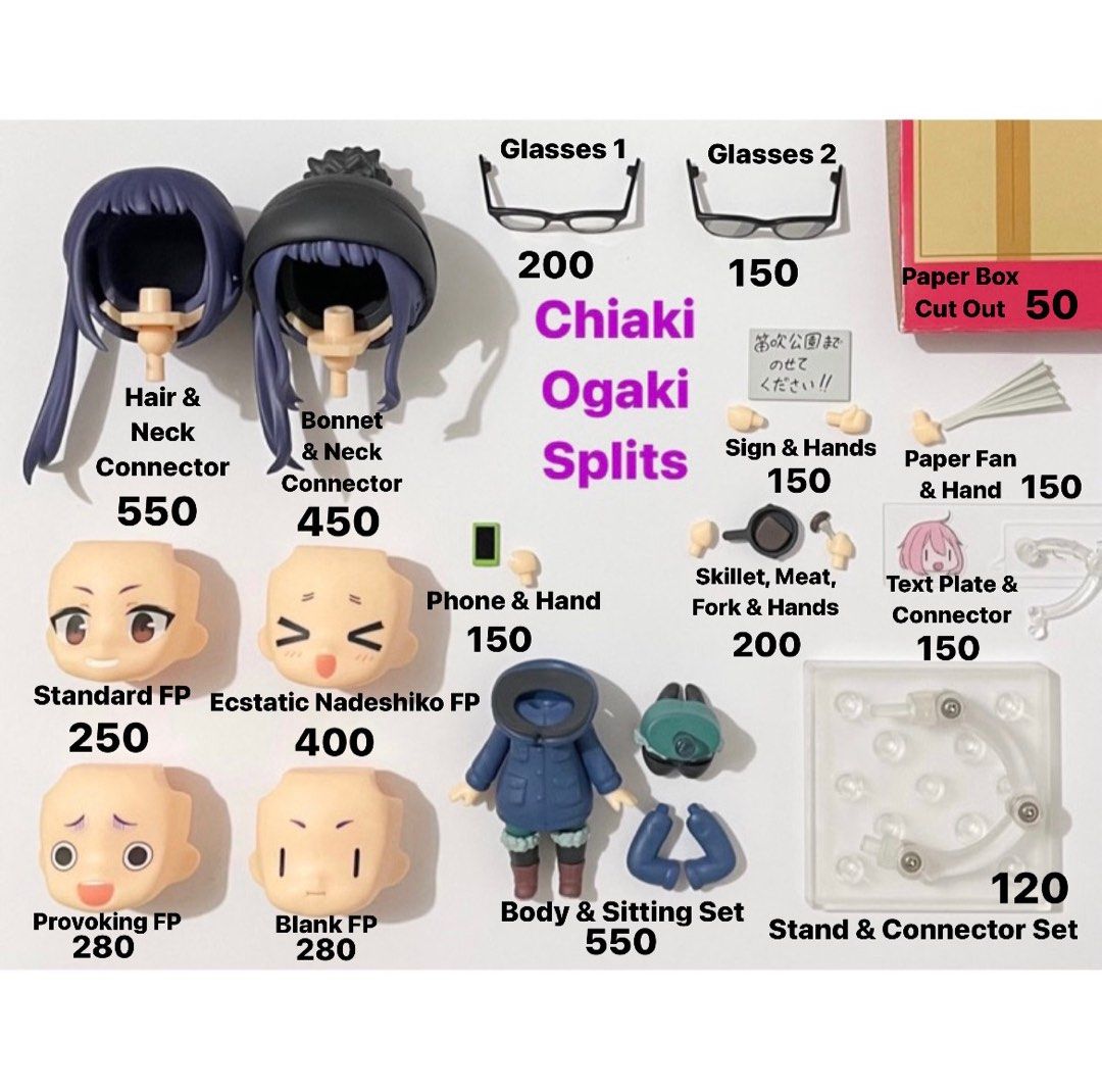 Nendoroid Chiaki Ogaki Splits (Category: Designer & Blind Box Toys) located in San Fernando. Submitted by figurebytes (Listing ID 1317612374, Image 1). Description: Chiaki Ogaki Splits Availability: *Hair & Neck Connector *Bonnet & Neck Connector ❌ *Standard FP *Ecstatic Nadeshiko FP ❌ *Provoking FP *Blank FP *Body & Sitting Set ❌ *Phone & Hand *Glasses 1 ❌ *Glasses 2 *Sign & Hands *Paper Fan & Hand *Skillet, Meat, Fork & Hands *Text Plate & Conn