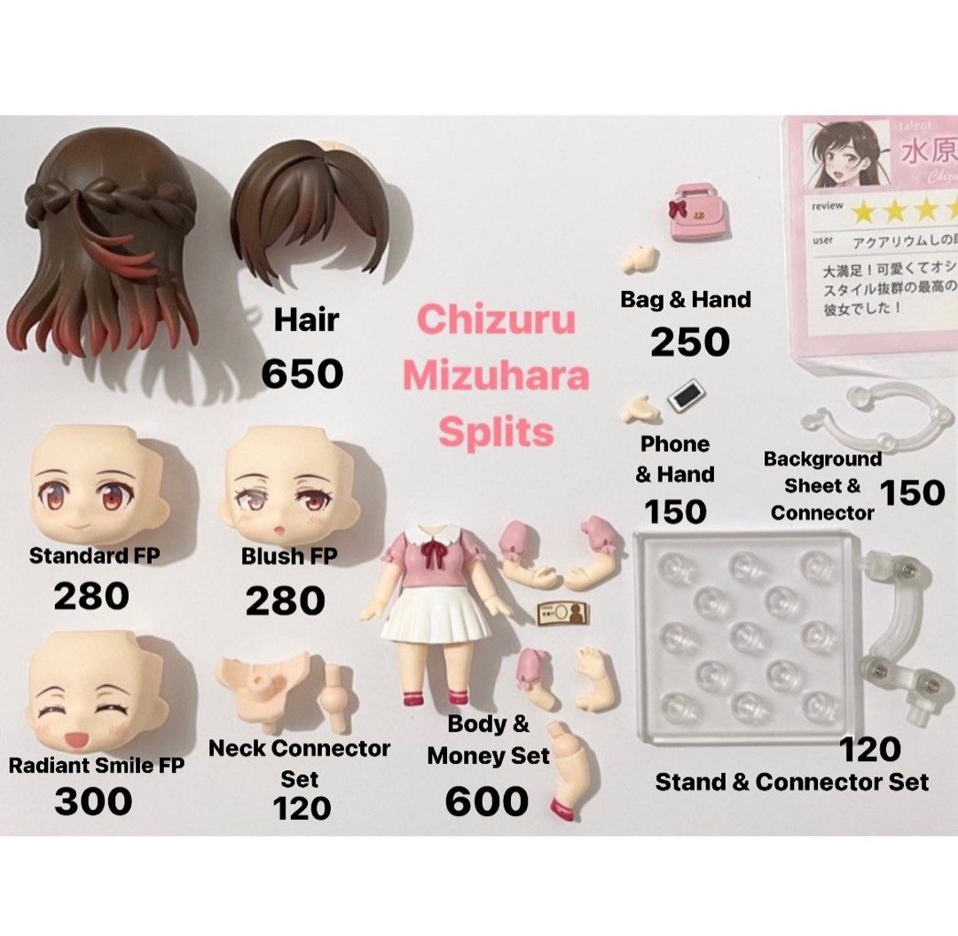 Nendoroid Chizuru Mizuhara Splits (Category: Figurines & Statues) located in San Fernando. Submitted by figurebytes (Listing ID 1317617952, Image 1). Description: Chizuru Mizuhara Splits Availability: *Hair ❌ *Standard FP ❌ *Blush FP *Radiant Smile FP ❌ *Body & Money Set ❌ *Bag & Hand ❌ *Phone & Hand *Background Sheet & Connector *Neck Connector Set *Stand & Connector Set ❌ ✅ No issue ❌ - Means the item is sold — 📌Prices are in the picture provi