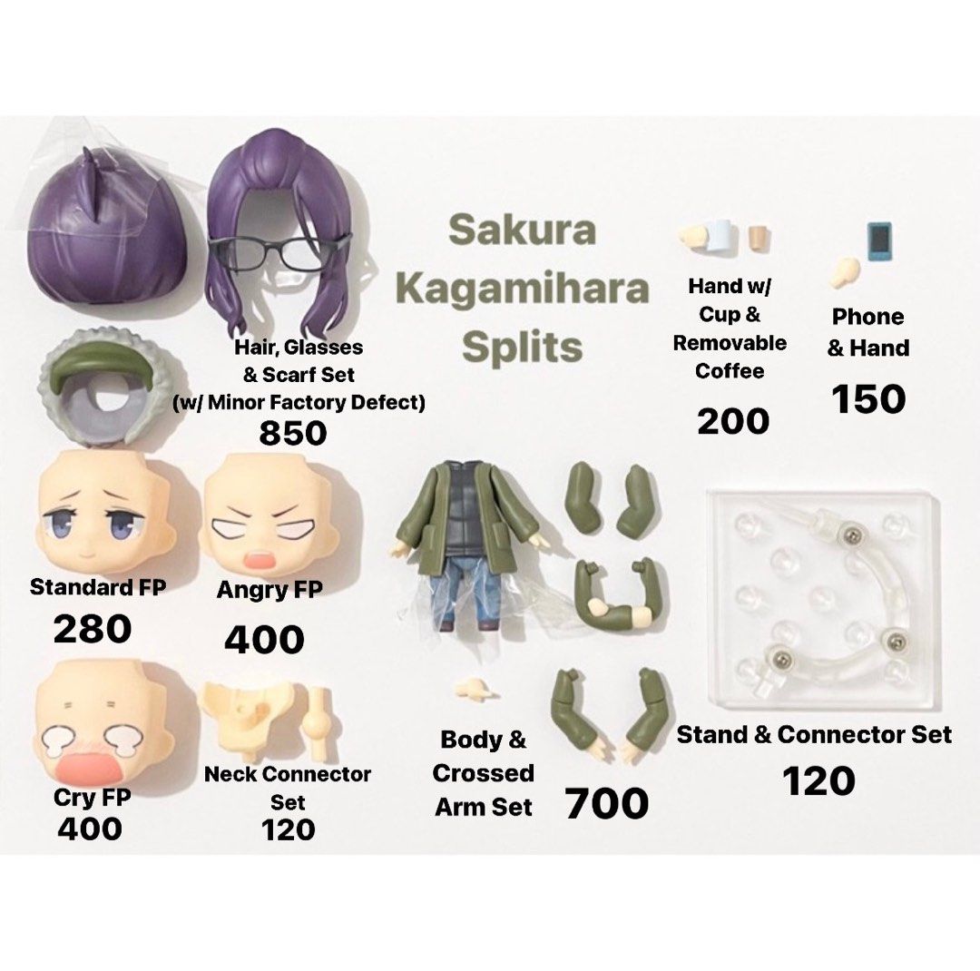 Nendoroid Sakura Kagamihara Splits (Category: Figurines & Statues) located in San Fernando. Submitted by figurebytes (Listing ID 1317607650, Image 1). Description: Sakura Kagamihara Splits Availability: *Hair, Glasses & Scarf Set (w/ Minor Factory Defect) *Standard FP *Angry FP ❌ *Cry FP ❌ *Body & Crossed Arms Set *Hand w/ Cup & Removable Coffee *Phone & Hand ❌ *Neck Connector Set *Stand & Connector Set ❎ With minor factory defect on the Hair as 