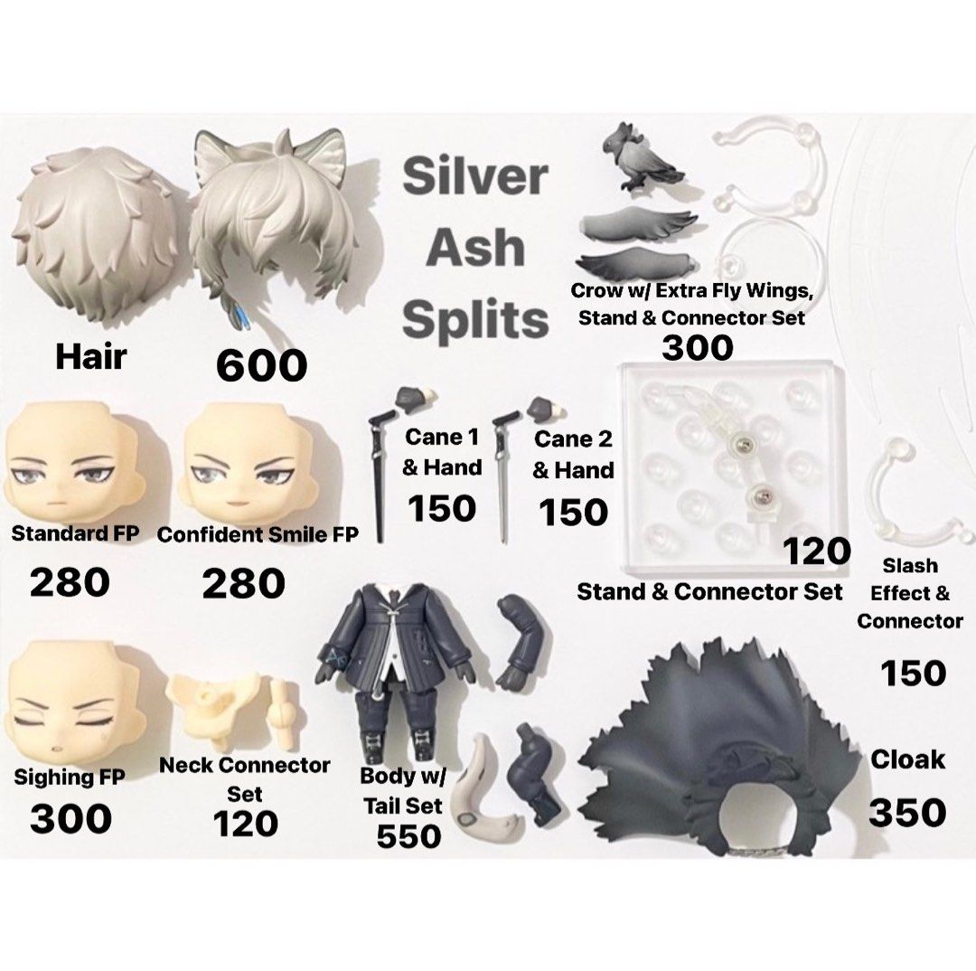 Nendoroid Silver Ash Splits (Category: Figurines & Statues) located in San Fernando. Submitted by figurebytes (Listing ID 1317619096, Image 1). Description: Silver Ash Splits Availability: *Hair ❌ *Standard FP *Confident Smile FP ❌ *Sighing FP ❌ *Body w/ Tail Set *Cloak ❌ *Cane 1 & Hand ❌ *Cane 2 & Hand ❌ *Crow w/ Extra Fly Wings, Stand & Connector Set *Slash Effect & Connector *Neck Connector Set *Stand & Connector Set ❌ ✅ No issue ❌ - Means the