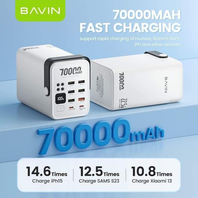 Original BAVIN Digital 70000Mah Powerbank (Category: Chargers) located in Mandaluyong City. Submitted by shopmla (Listing ID 1317662143, Image 2). Description: Original BAVIN Digital 70000Mah Powerbank Php 2,599. Qc3.0 22.5W + Pd 20W Fast Charging Power Bank W/ 6x Usb & 2x Type-C Port With Flashlight 📍Output Port: 6*USB 2*Type-C Port 📍Input Port: 2*Type-C Port 📍USB Output: *USB1: DC 4.5V-5A 5V-4.5A 5V-3A 9V-2A 12V-1.5A 22.5W *USB2-6: DC 5V-3A 