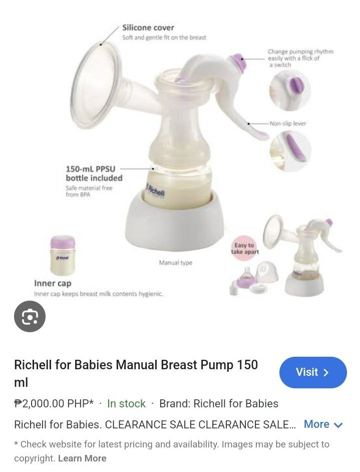 Richell Manual pump (Category: Breastfeeding & Bottle Feeding) located in Las Pinas. Submitted by darnest.bee (Listing ID 1317590538, Image 1). Description: never used. will throw in 20 breast pads for free. and breastmilk bags.