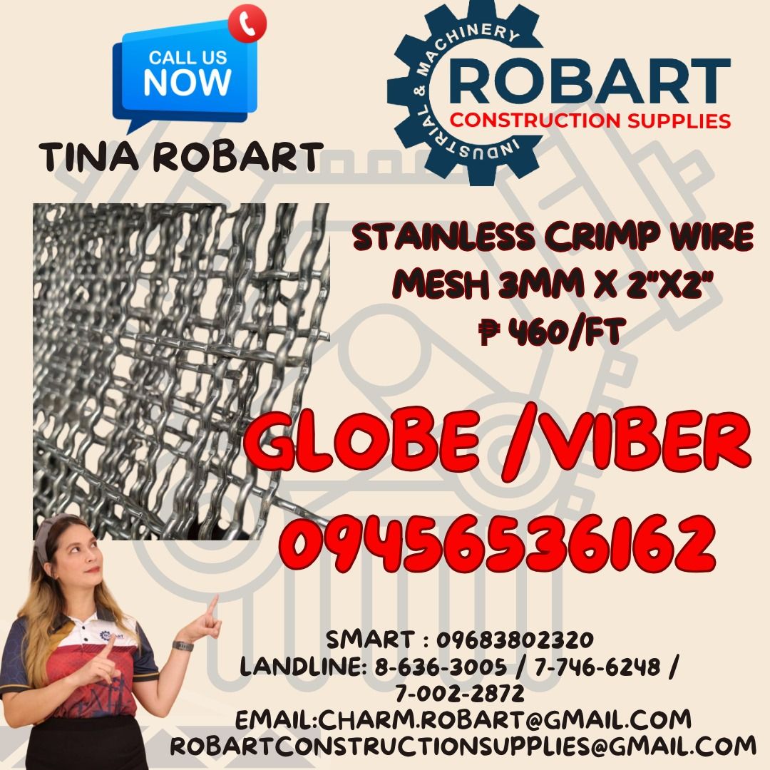 Stainless Crimp Wire Mesh Size: 3mm x 2"x2" x 4ft (Category: Construction & Building Materials) located in Manila. Submitted by tina.sales (Listing ID 1317619422, Image 1). Description: Stainless Crimp Wire Mesh Size: 3mm x 2"x2" x 4ft 𝑹𝑶𝑩𝑨𝑹𝑻 𝑪𝑶𝑵𝑺𝑻𝑹𝑼𝑪𝑻𝑰𝑶𝑵 𝑺𝑼𝑷𝑷𝑳𝑰𝑬𝑺 𝑶𝒇𝒇𝒊𝒄𝒆 𝑨𝒅𝒅𝒓𝒆𝒔𝒔: 𝟏𝟒𝟎𝟓 𝒀𝒖𝒔𝒆𝒄𝒐 𝑺𝒕. 𝑺𝒕𝒂 𝑪𝒓𝒖𝒛 𝑴𝒂𝒏𝒊𝒍𝒂 𝑺𝑬𝑵𝑫 𝑼𝑺 𝑴𝑬𝑺𝑺𝑨𝑮𝑬 𝑭𝑶𝑹 𝑰𝑵𝑸𝑼𝑰𝑹𝑰𝑬𝑺 ‼️ ‼️ 𝑮𝒍𝒃𝒆 - (