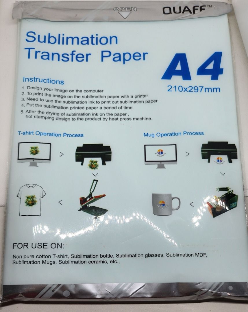 Sublimation Transfer Paper A4 x 99sheets (Category: Craft Supplies & Tools) located in Naga. Submitted by segunda.manay (Listing ID 1317543537, Image 2). Description: Quaff Sublimation Transfer Paper A4 99 sheets Bought for 148 online Selling for 140 RFS: Incompatible printer, change project Issues: None .