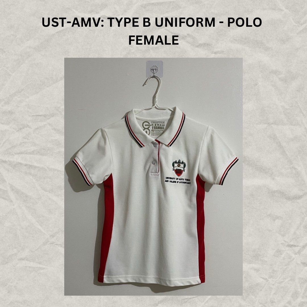 UST-AMV: TYPE B UNIFORM - POLO (Category: Others Tops) located in Manila. Submitted by reinegnvv (Listing ID 1317645475, Image 1). Description: UST-AMV: TYPE B UNIFORM - POLO ✅ Lightly Used ✅ Used for 2 Academic Years ✅ Stored during Pandemic ➡️ Size: XS ➡️ Available Quantity: 4 ‼️ Non-negotiable RFS: Decluttering MODE OF PAYMENT -BDO -BPI -GCASH MODE OF DELIVERY -Grab -Lalamove MEET-UP LOCATIONS 📌CAVITE -SM Molino -Robinsons Townville (BnT, Imu
