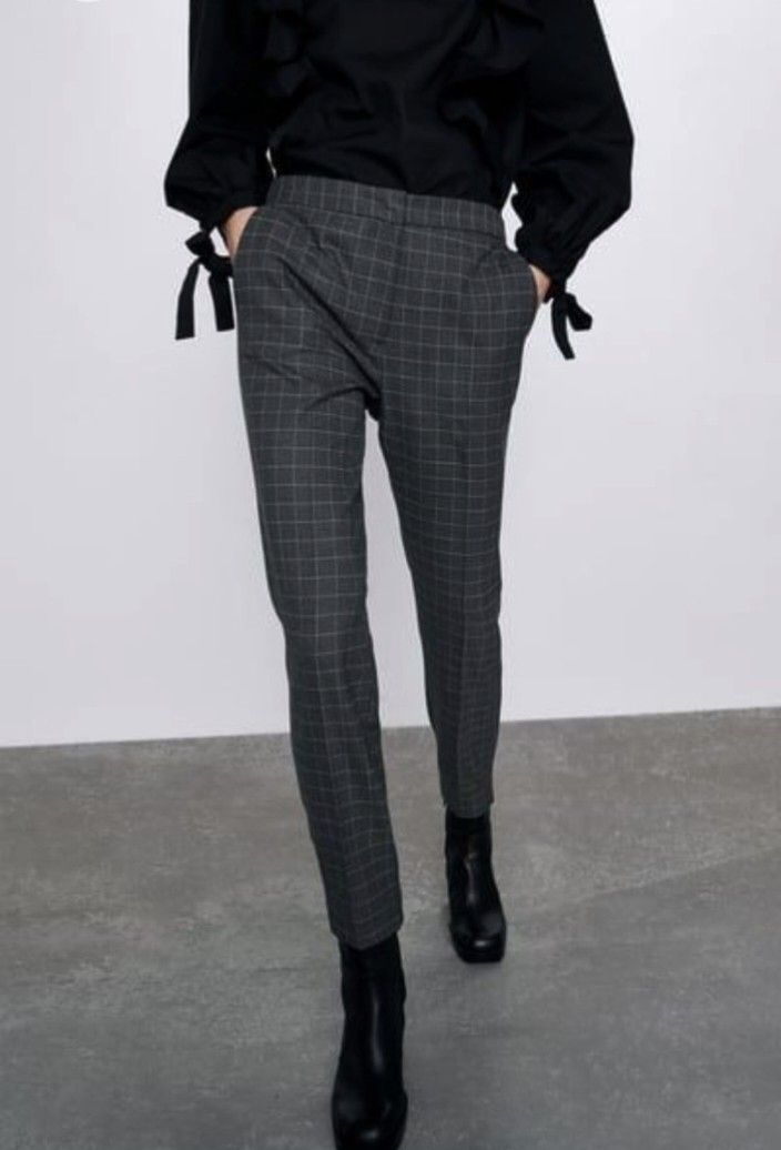 ZARA BASIC PLAID TROUSERS IN DARK GREY, Fesyen Wanita, Pakaian