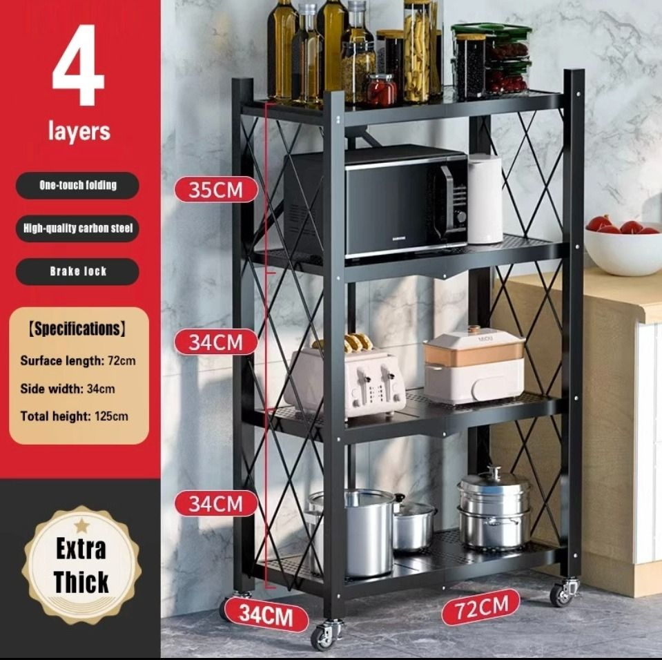 4 Tiers Layer Foldable Kitchen Rack Shelf with Wheels Multi Layer Storage Rack Full Metal Organiser Rack Oil Resistant Easy to Clean Shelves