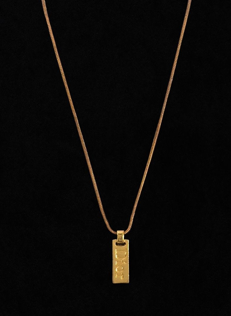 Authentic Christian Dior Vintage Gold ID Dog Tag Logo Spellout Necklace