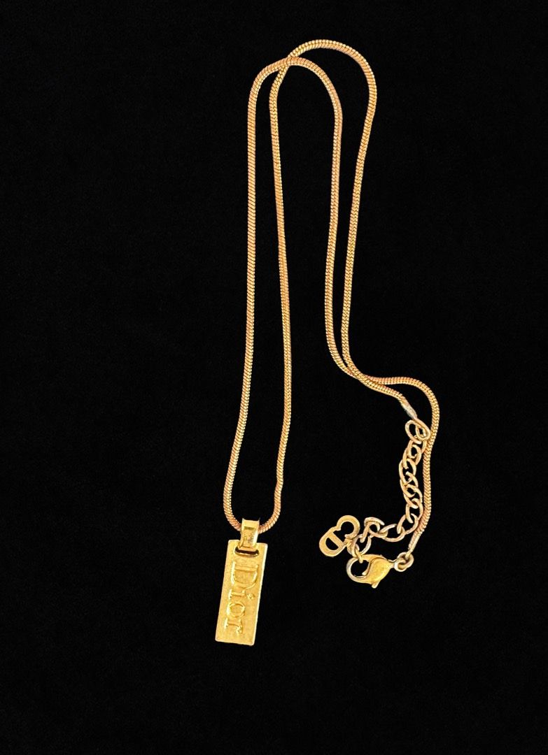 Authentic Christian Dior Vintage Gold ID Dog Tag Logo Spellout Necklace