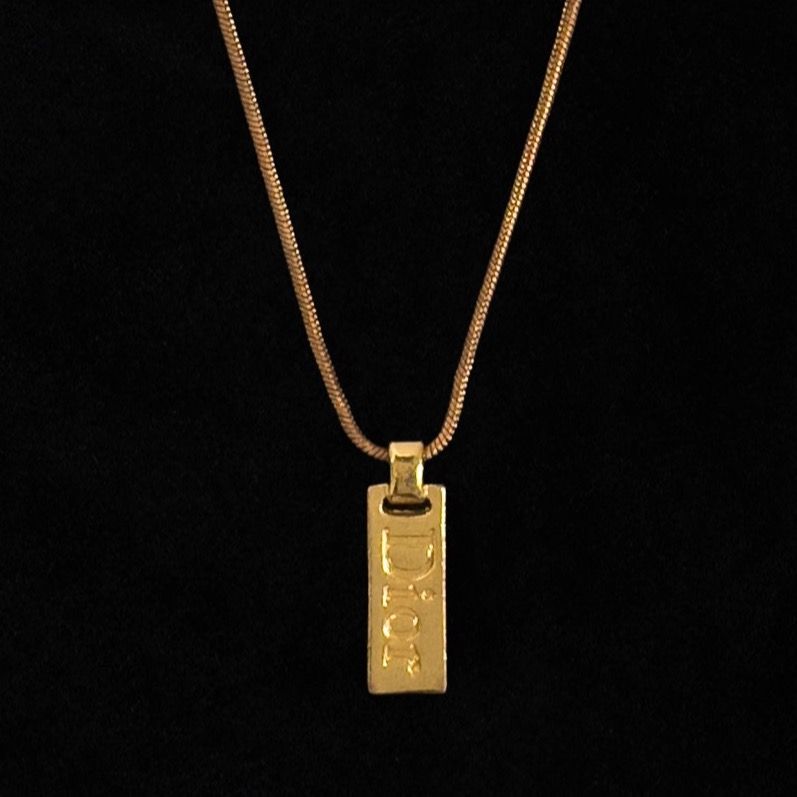 Authentic Christian Dior Vintage Gold ID Dog Tag Logo Spellout Necklace