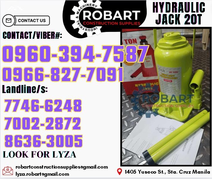 Dax Hydraulic Jack (Category: Construction Tools & Equipment) located in Manila. Submitted by lyzarobart11 (Listing ID 1319168970, Image 1). Description: Dax Hydraulic Jack 20Tons 𝑹𝑶𝑩𝑨𝑹𝑻 𝑪𝑶𝑵𝑺𝑻𝑹𝑼𝑪𝑻𝑰𝑶𝑵 𝑺𝑼𝑷𝑷𝑳𝑰𝑬𝑺 𝒪𝒻𝒻𝒾𝒸𝑒 𝒜𝒹𝒹𝓇𝑒𝓈𝓈: 𝟣𝟦𝟢𝟧 𝒴𝓊𝓈𝑒𝒸𝑜 𝒮𝓉. 𝒮𝓉𝒶 𝒞𝓇𝓊𝓏 𝑀𝒶𝓃𝒾𝓁𝒶 ꜱᴇɴᴅ ᴜꜱ ᴍᴇꜱꜱᴀɢᴇ ꜰᴏʀ ɪɴQᴜɪʀɪᴇꜱ ‼️ ‼️ ɢʟᴏʙᴇ: (0966-827-7091) ꜱᴍʀᴛ - (0960-394-7587) ᴠɪʙʀ - (0960-394-7587) ʟᴀɴᴅʟɪɴᴇ: (8636-ʟᴏᴏᴋ ꜰᴏʀ