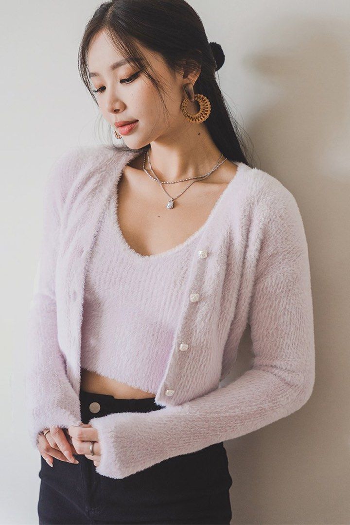 Dear Lyla Phoebe Fuzzy Knit Cardigan Lavender Women s Fashion Coats Jackets and Outerwear on Carousell