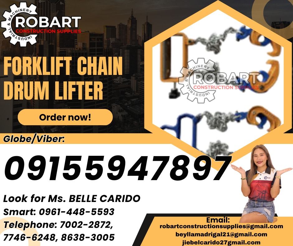 Forklift Chain Drum Lifter (Category: Construction Tools & Equipment) located in Manila. Submitted by bellarobart (Listing ID 1319193617, Image 1). Description: Forklift Chain Drum Lifter 2 Legs w/ Lock pin (Iron & Plastic Drum) Capacity: 1T Price: 3,520 Forklift Chain Drum Lifter 2 Legs (Iron & Plastic Drum) Capacity: 1T Price: 3,850 𝑹𝑶𝑩𝑨𝑹𝑻 𝑪𝑶𝑵𝑺𝑻𝑹𝑼𝑪𝑻𝑰𝑶𝑵 𝑺𝑼𝑷𝑷𝑳𝑰𝑬𝑺 Office Address: 1405 Yuseco St. Sta Cruz Manila SEND US ME
