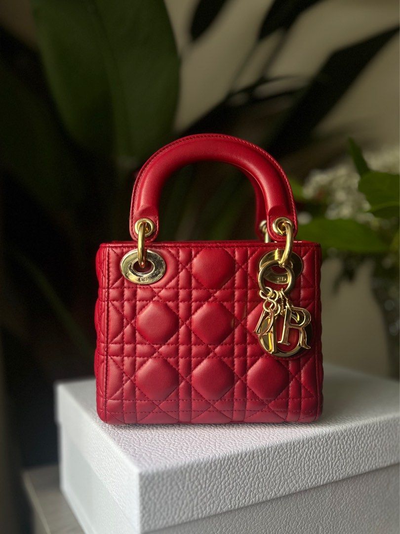Full Set Christian Dior Mini Lady Dior in Burgundy Lambskin GHW Luxury Bags Wallets on Carousell