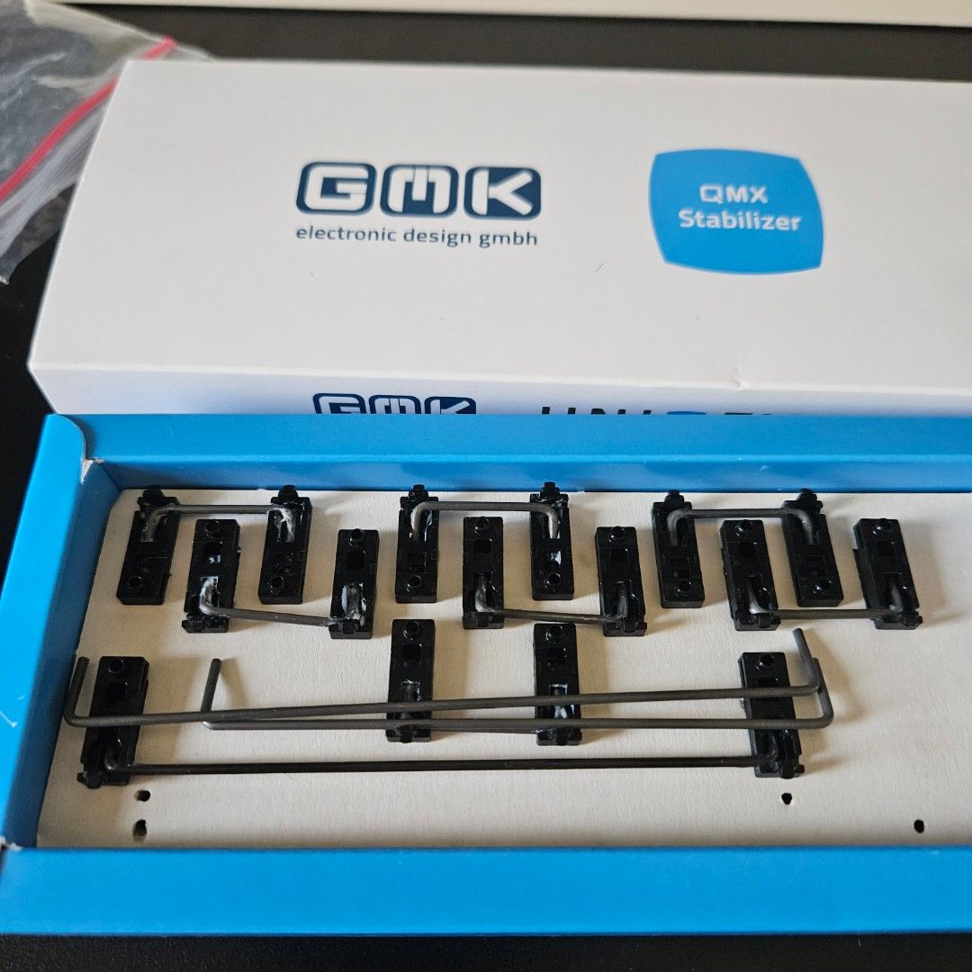 GMK QMX stabilizers (Category: Computer Keyboard) located in Pasig City. Submitted by noir_ (Listing ID 1319322472, Image 1). Description: From an old build, swapped to different stabs. Contains the following: 7x 2u stabilizers 1x 6.25u stabilizer 1x 7u wire 1x 6u wire 20 screws 12 clear washers (added 8 replacement metal washers, I can provide more) Also have some spare Durock v2 stabs (2x 2u + 1x 6.25u), I can include those for free in case you