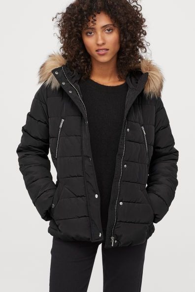H&m black coat with fur hood clearance