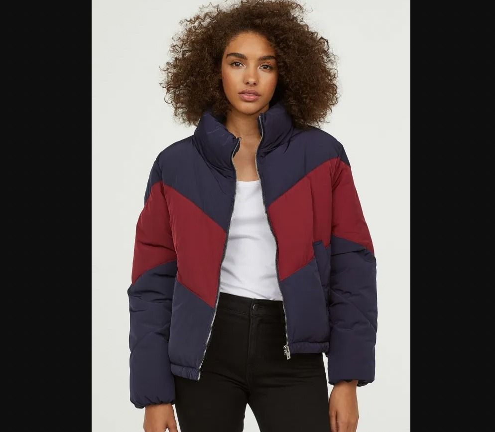 H M x Tiffany Young Padded Jacket Winter Snow Full Zip Navy Red Color Block Size Small Women s Fashion Coats Jackets and Outerwear on Carousell