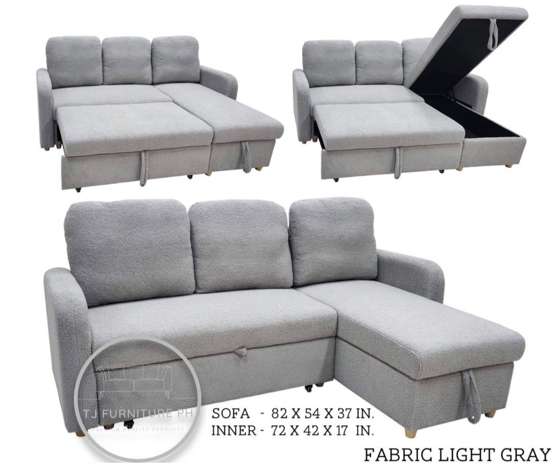 L-type Sofa Bed w/ Pullout Bed & Storage (Category: Sofas) located in Quezon City. Submitted by tjfurnitureph (Listing ID 1319271458, Image 2). Description: Model: Nari Dimension: Sofa- L 82" x W 54" x H 37" inc Bed- L 72" x W 42" x H 17" inc Fabric Dark & light Grey Onhand Color BRANDNEW‼️ 📍Sta. Cruz, Manila Near Abad Santos Station. Onhand & Brandnew Additional delivery charge‼️ Depending on the location We Accept Cash on Delivery Or thru BPI 