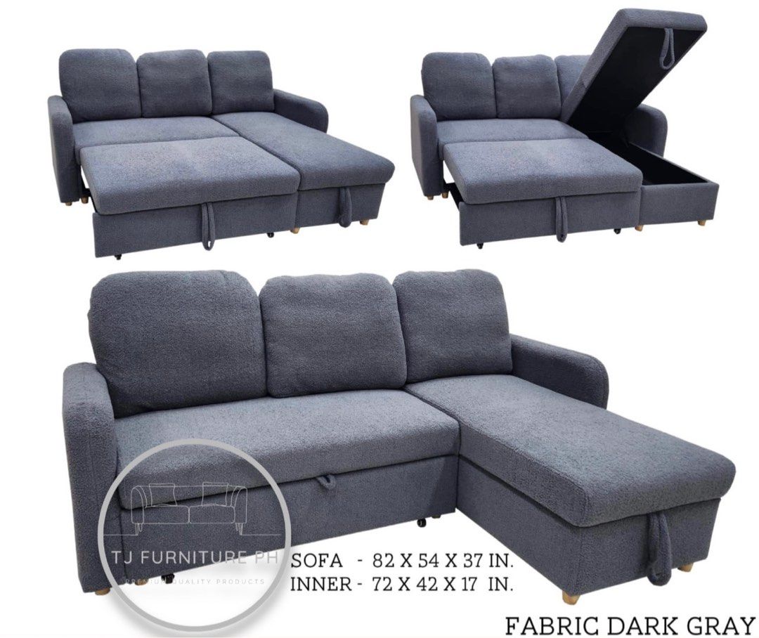 L-type Sofa Bed w/ Pullout Bed & Storage (Category: Sofas) located in Quezon City. Submitted by tjfurnitureph (Listing ID 1319271458, Image 1). Description: Model: Nari Dimension: Sofa- L 82" x W 54" x H 37" inc Bed- L 72" x W 42" x H 17" inc Fabric Dark & light Grey Onhand Color BRANDNEW‼️ 📍Sta. Cruz, Manila Near Abad Santos Station. Onhand & Brandnew Additional delivery charge‼️ Depending on the location We Accept Cash on Delivery Or thru BPI 