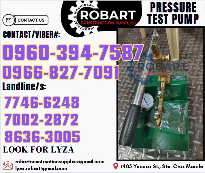 Showa Pressure Test Pump (Category: Construction Tools & Equipment) located in Manila. Submitted by lyzarobart11 (Listing ID 1319187405, Image 1). Description: Showa Pressure Test Pump T-100K 𝑹𝑶𝑩𝑨𝑹𝑻 𝑪𝑶𝑵𝑺𝑻𝑹𝑼𝑪𝑻𝑰𝑶𝑵 𝑺𝑼𝑷𝑷𝑳𝑰𝑬𝑺 𝒪𝒻𝒻𝒾𝒸𝑒 𝒜𝒹𝒹𝓇𝑒𝓈𝓈: 𝟣𝟦𝟢𝟧 𝒴𝓊𝓈𝑒𝒸𝑜 𝒮𝓉. 𝒮𝓉𝒶 𝒞𝓇𝓊𝓏 𝑀𝒶𝓃𝒾𝓁𝒶 ꜱᴇɴᴅ ᴜꜱ ᴍᴇꜱꜱᴀɢᴇ ꜰᴏʀ ɪɴQᴜɪʀɪᴇꜱ ‼️ ‼️ ɢʟᴏʙᴇ: (0966-827-7091) ꜱᴍʀᴛ - (0960-394-7587) ᴠɪʙʀ - (0960-394-7587) ʟᴀɴᴅʟɪɴᴇ: (8