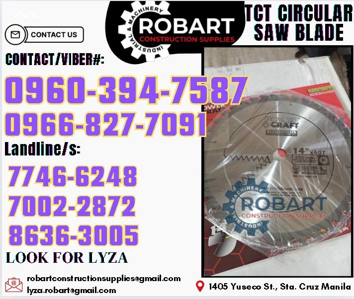 TCT Circular Saw Blade for Wood (Category: Construction Tools & Equipment) located in Manila. Submitted by lyzarobart1999 (Listing ID 1319161056, Image 1). Description: TCT Circular Saw Blade for Wood 14" x 1" x 40T 𝑹𝑶𝑩𝑨𝑹𝑻 𝑪𝑶𝑵𝑺𝑻𝑹𝑼𝑪𝑻𝑰𝑶𝑵 𝑺𝑼𝑷𝑷𝑳𝑰𝑬𝑺 𝒪𝒻𝒻𝒾𝒸𝑒 𝒜𝒹𝒹𝓇𝑒𝓈𝓈: 𝟣𝟦𝟢𝟧 𝒴𝓊𝓈𝑒𝒸𝑜 𝒮𝓉. 𝒮𝓉𝒶 𝒞𝓇𝓊𝓏 𝑀𝒶𝓃𝒾𝓁𝒶 ꜱᴇɴᴅ ᴜꜱ ᴍᴇꜱꜱᴀɢᴇ ꜰᴏʀ ɪɴQᴜɪʀɪᴇꜱ ‼️ ‼️ ɢʟᴏʙᴇ: (0966-827-7091) ꜱᴍʀᴛ - (0960-394-7587) ᴠɪʙʀ - (096
