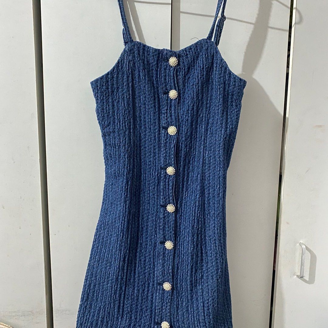 Tweed Denim Studded Dress (Category: Dresses) located in Caloocan City. Submitted by Classylibra (Listing ID 1319169790, Image 3). Description: L on tag but this dress runs small. My size is 26-27 waistline. Fabric is stretchy This looks like from a Chanel tweed collection! Rfs: Decluttering for new space Studded buttons, no issues. No to lowballers please :).