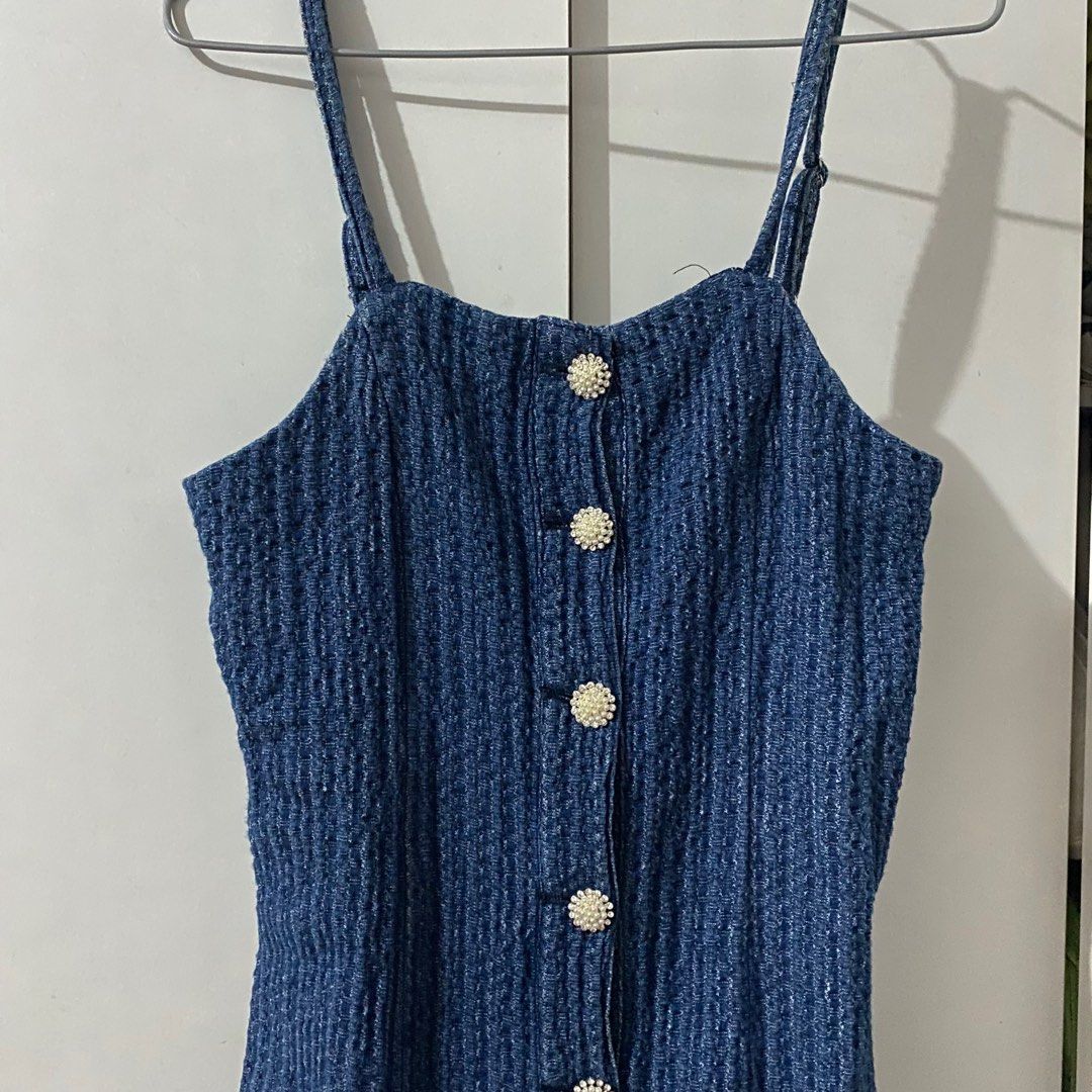 Tweed Denim Studded Dress (Category: Dresses) located in Caloocan City. Submitted by Classylibra (Listing ID 1319169790, Image 2). Description: L on tag but this dress runs small. My size is 26-27 waistline. Fabric is stretchy This looks like from a Chanel tweed collection! Rfs: Decluttering for new space Studded buttons, no issues. No to lowballers please :).