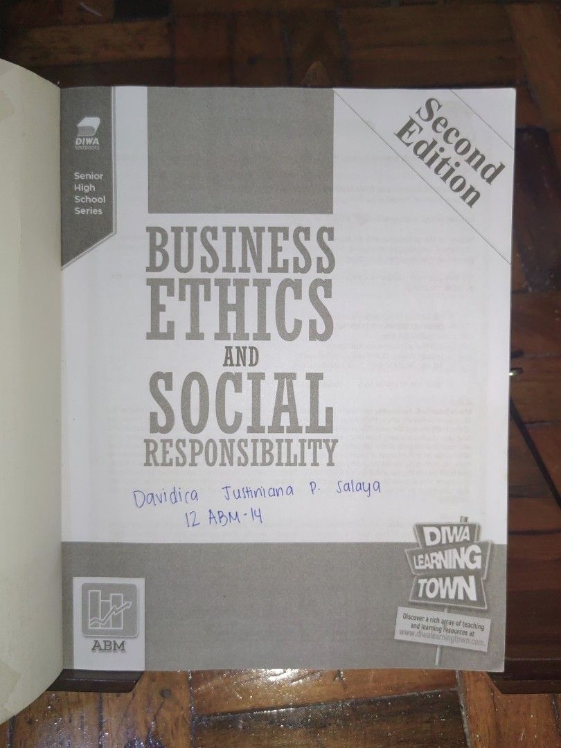 (UST SHS) Business Ethics and Social Responsibility (Category: Textbooks) located in Malabon City. Submitted by rang_ie (Listing ID 1319291266, Image 3). Description: Textbook for UST SHS students. ✨[SECOND HAND|LIGHTLY USED] ✨ - Book Title: Business Ethics and Social Responsibility - Book Authors: Fernandez - Publisher: DIWA Learning Systems, Inc. - Language: English - Cover Type: Soft cover - Edition: 2020 Note: Book is plastic-covered, with mi