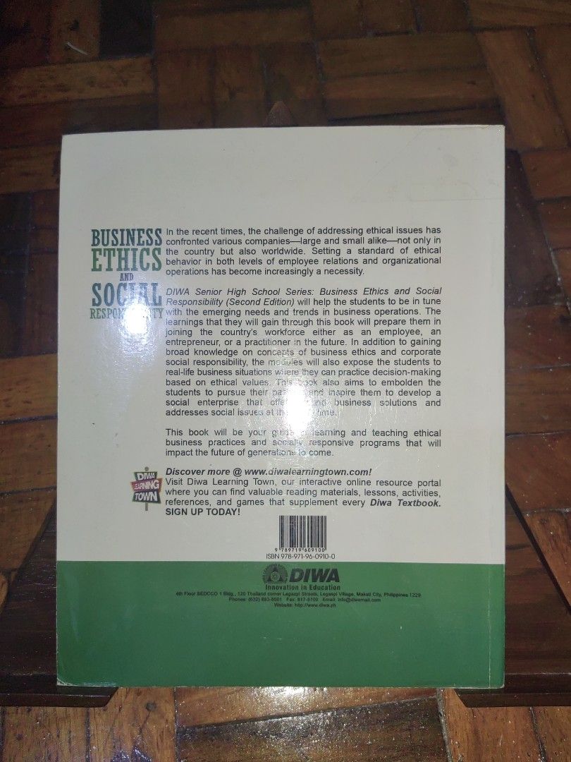(UST SHS) Business Ethics and Social Responsibility (Category: Textbooks) located in Malabon City. Submitted by rang_ie (Listing ID 1319291266, Image 2). Description: Textbook for UST SHS students. ✨[SECOND HAND|LIGHTLY USED] ✨ - Book Title: Business Ethics and Social Responsibility - Book Authors: Fernandez - Publisher: DIWA Learning Systems, Inc. - Language: English - Cover Type: Soft cover - Edition: 2020 Note: Book is plastic-covered, with mi