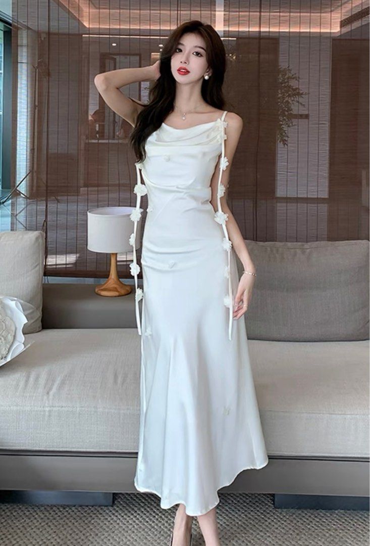 BNWT white floral satin maxi dress, Women's Fashion, Dresses \u0026 Sets, Dresses  on Carousell