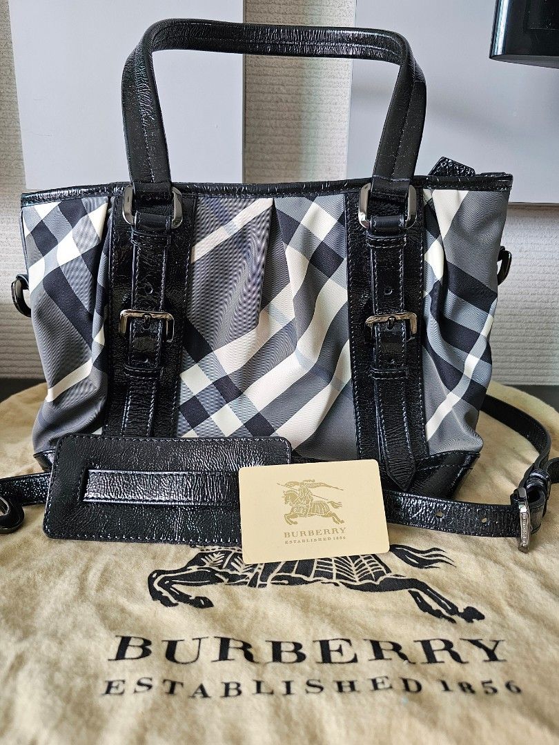 Burberry Grey Black Beat Check Nylon and Patent Leather Lowry Tote Luxury Bags Wallets on Carousell