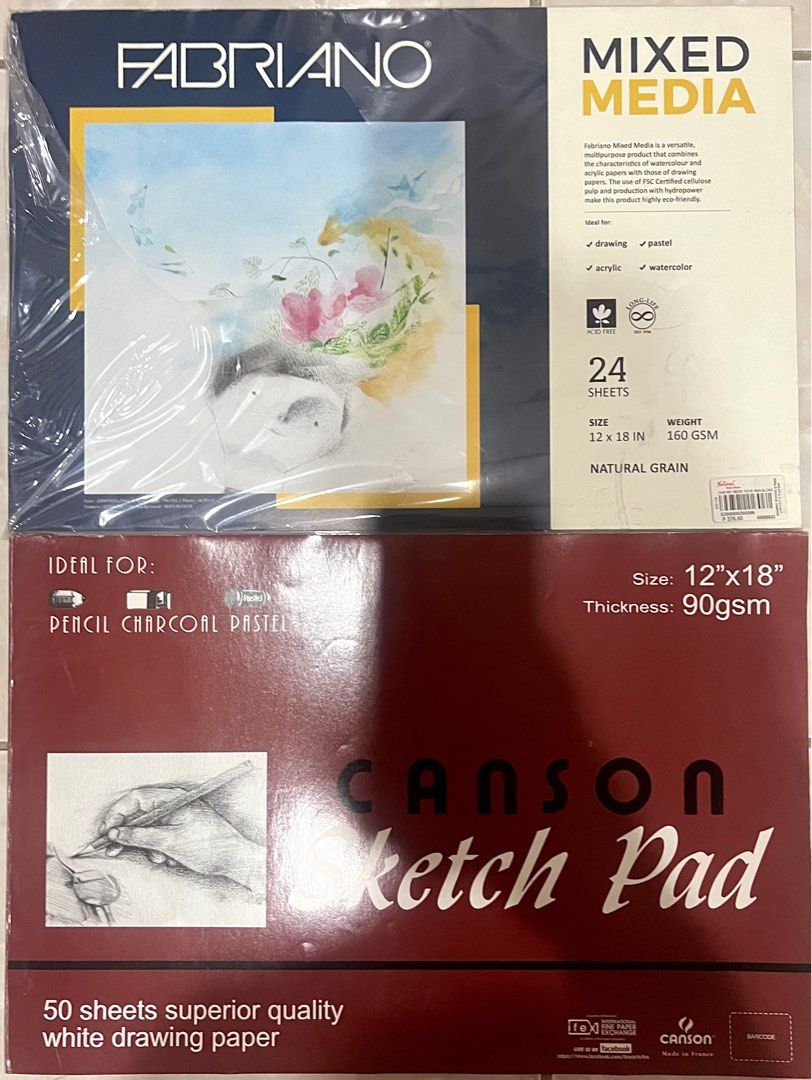 Fabriano and Canson (Category: Craft Supplies & Tools) located in Quezon City. Submitted by pialprds (Listing ID 1319459964, Image 1). Description: RFS: Recently graduated/ decluttering For sale! ₱400 for both na Fabriano Mixed Media Paper Orig price: ₱376 -24 sheets / 12x18inches / 160gsm Canson Sketch Pad Paper Orig price: ₱470 - 50 sheets/ 12x18inches / 90 gsm .