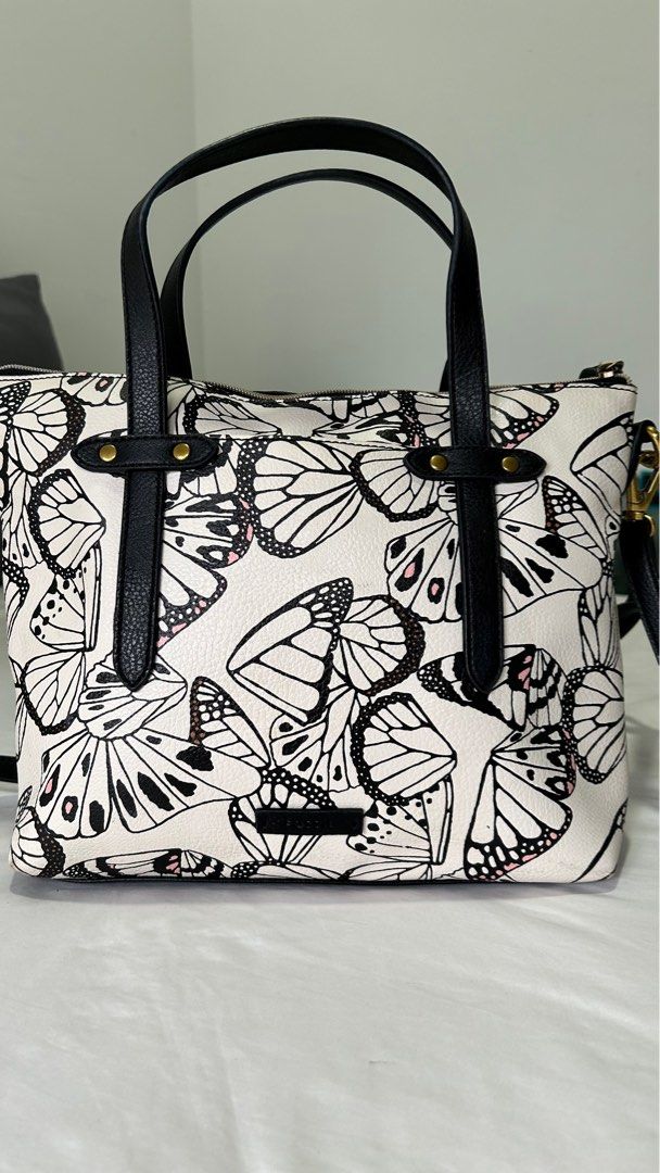 Fossil Felicity Black White Butterfly Prints Tote Bag Double Handle