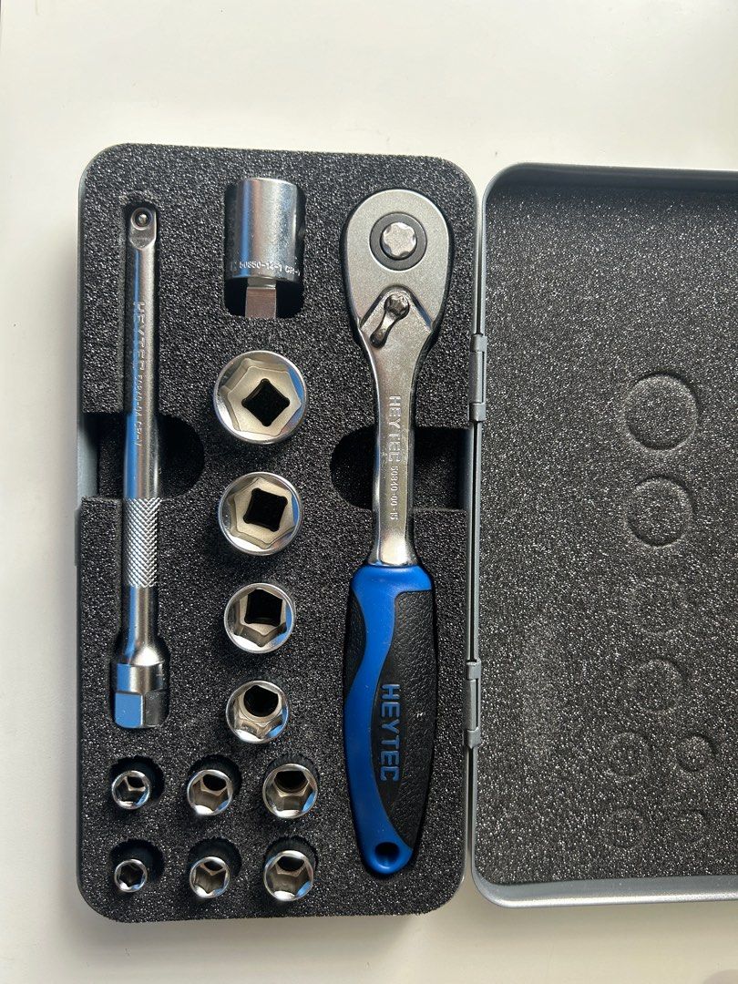 Heytec Socket Set (Category: Home Improvement Tools & Accessories) located in Petaling Jaya. Submitted by sapikskywalker (Listing ID 1319340704, Image 1). Description: Brand new Heytec socket set. Reason to letgo: extra set Whats in the box: 1. Heytec ratchet 3/8" (50840-00-15) 2. Heytec sliding T-head/adapter (50850-14-1) 3. Heytec extender (50840-04) 4. 19mm, 17mm, 14mm, 13mm, 11mm, 10mm, 9mm, 8mm, 7mm, 6mm sockets 5. Metal box All made in Germ