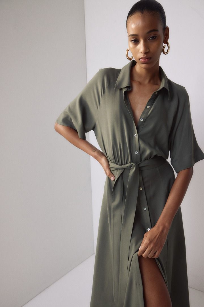 H M Tie Belt Shirt Dress Dark Khaki Green Women s Fashion Dresses Sets Dresses on Carousell