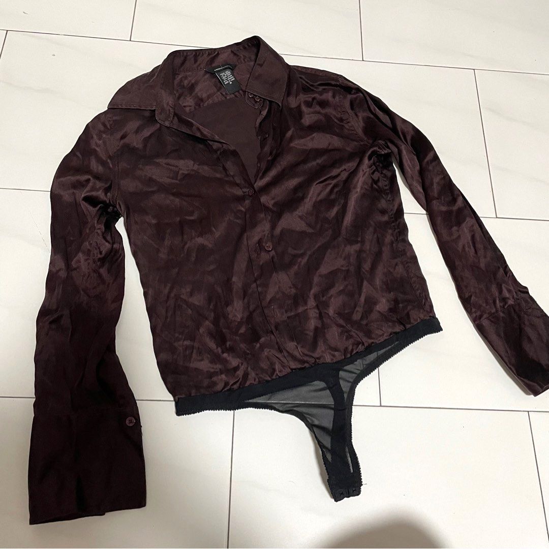 Moda international deep plum brown mauve silk blouse shirt
