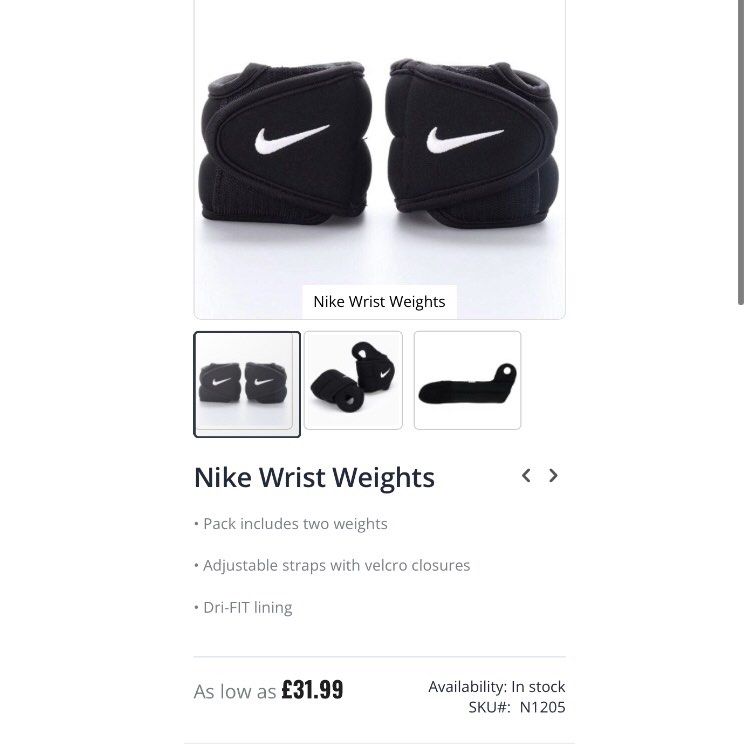 NIKE Dri Fit 1lb. Workout Wrist Weights (Category: Weights & Dumbbells) located in Tagaytay City. Submitted by barenwolf (Listing ID 1319354738, Image 2). Description: The Nike® 1lb Wrist Weights will help keep your skin cool and dry so you can focus on boosting your workout performance. The Nike® 1 lb Wrist Weights adjust to several user sizes with the adjustable strap and stays secure while in use with the hook and loop closure. Wrist weights T