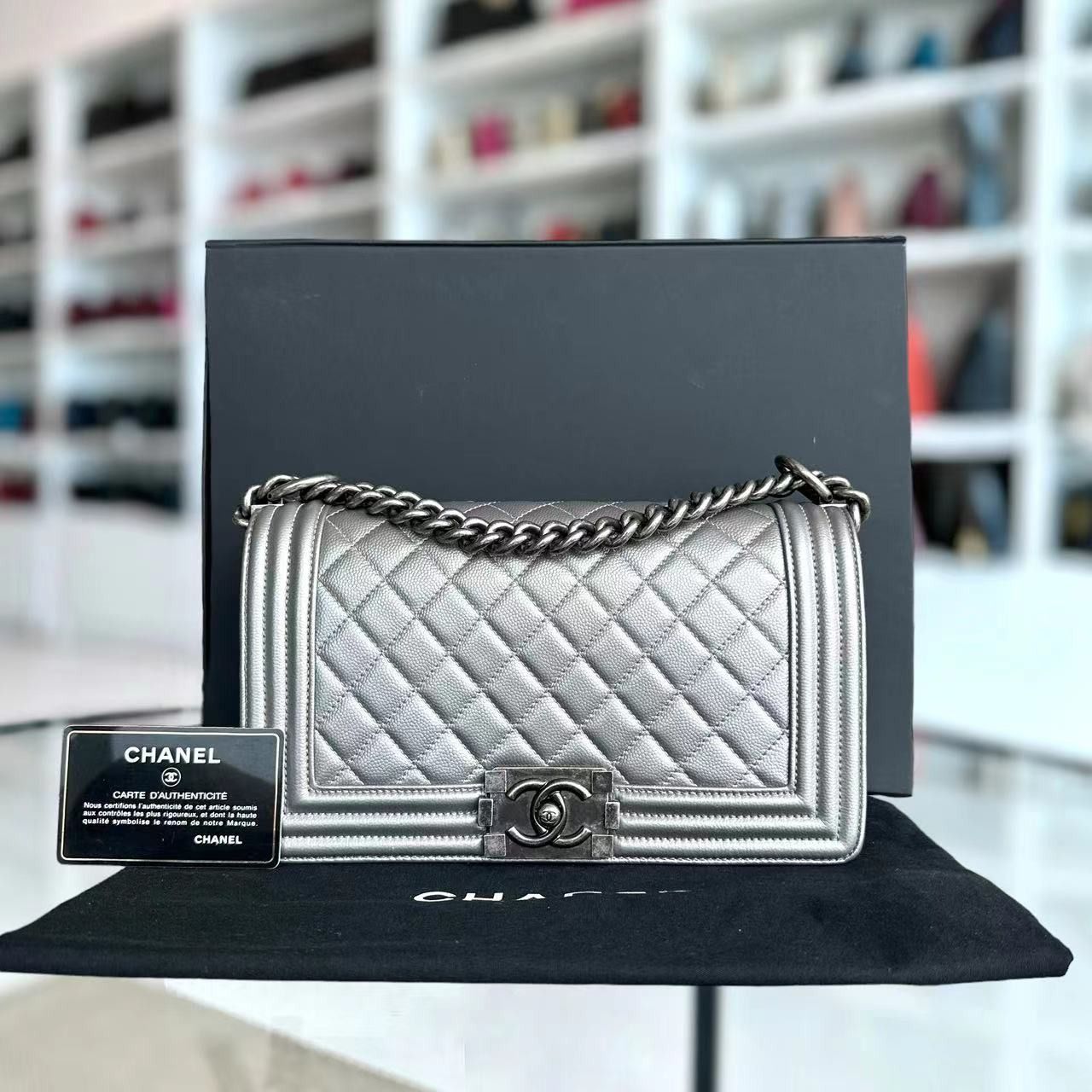 Chanel boy silver hardware hot sale