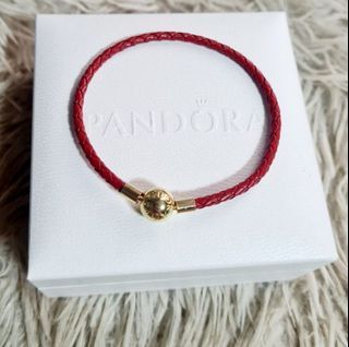 Sale! Pandora red leather bracelet gold shine clasp